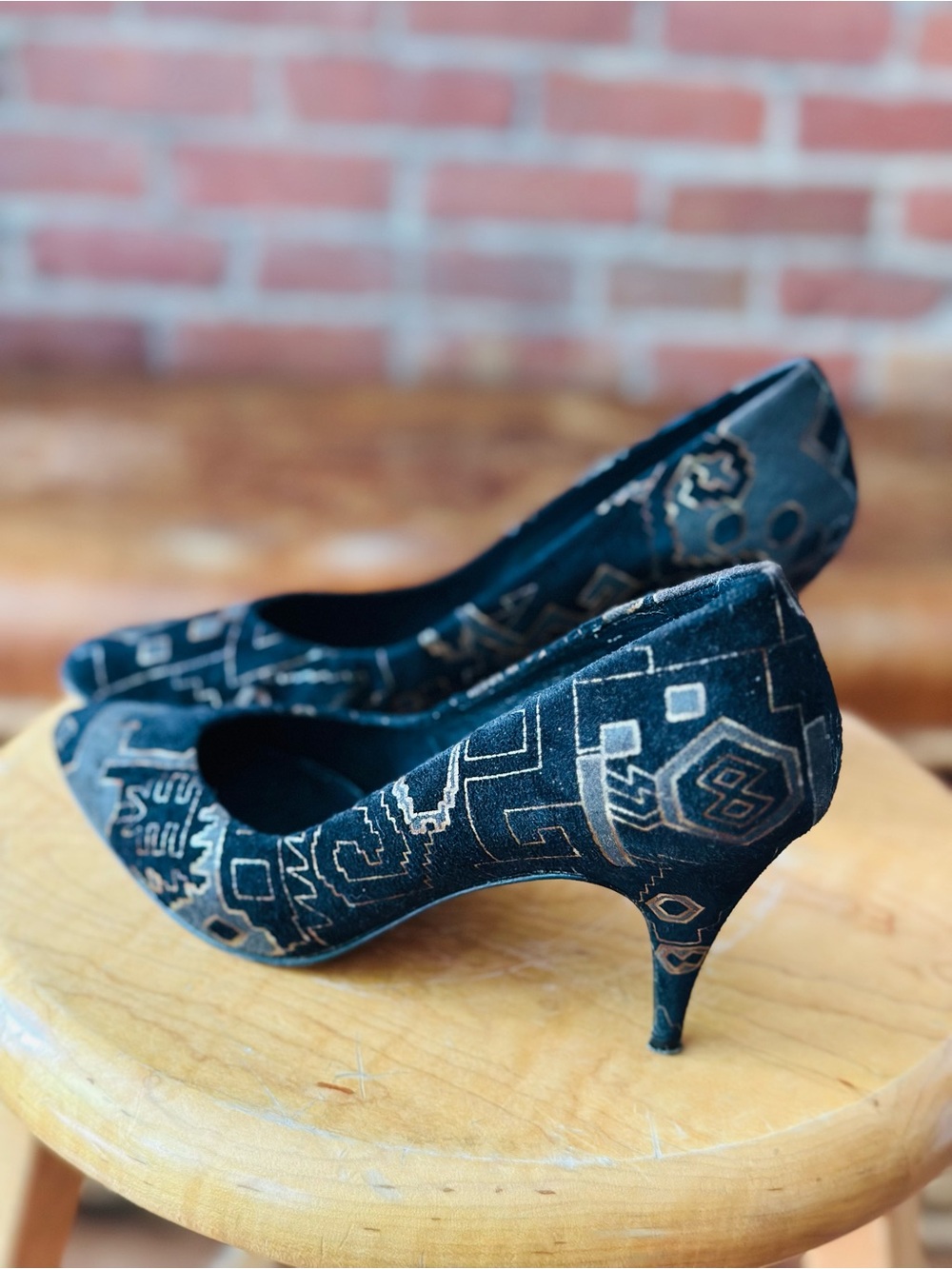 Vintage 90s Black Suede Pumps Geometric Print Leather Heels Size 8